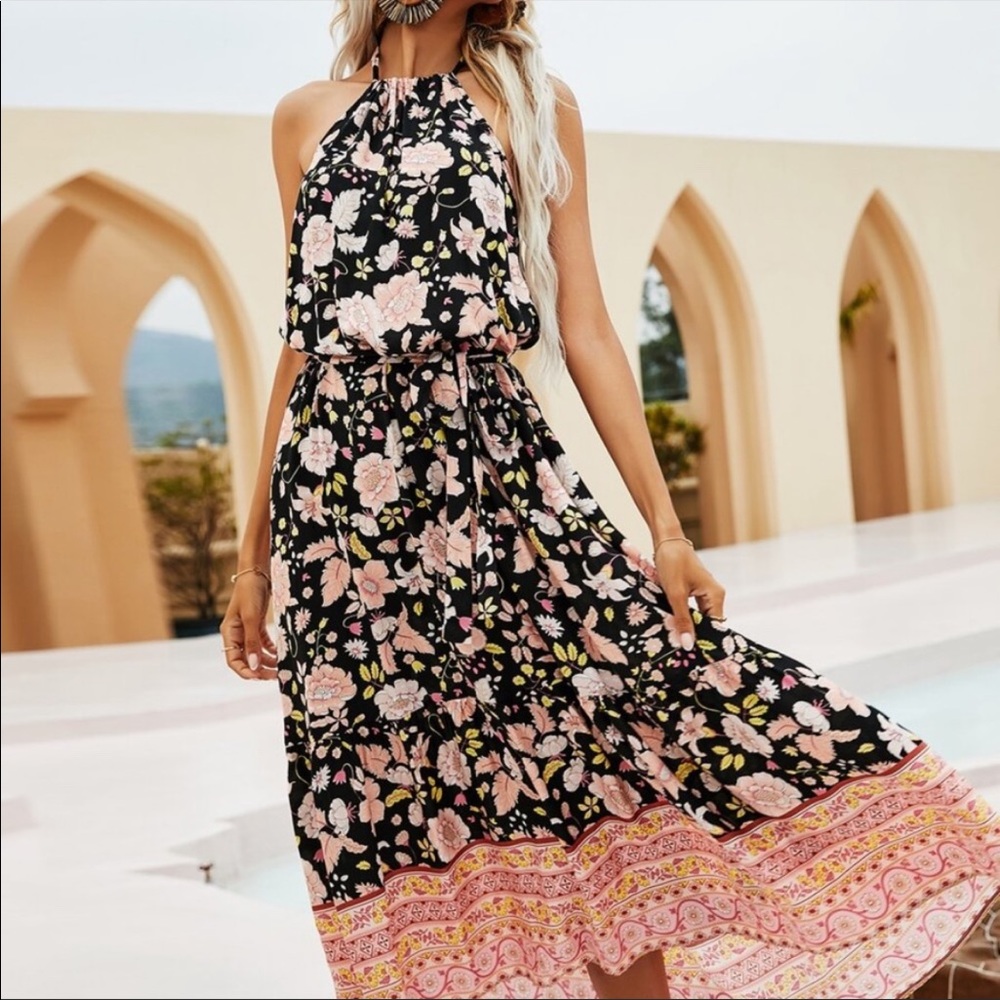 Boho Floral Print Halter Backless Midi Dress Black - Picture 2 of 7